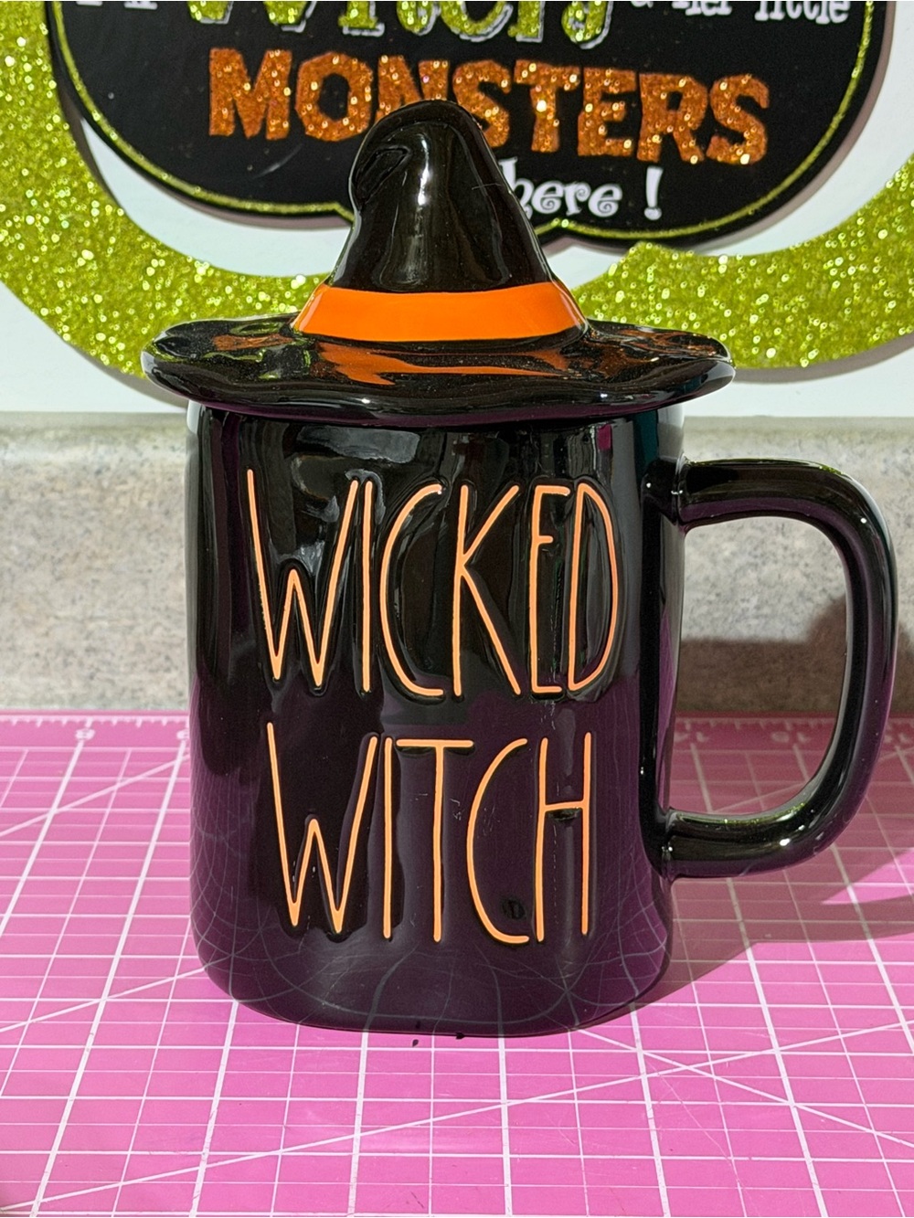 Rae Dunn Wicked Witch Ceramic Mug with Witch Hat Lid topper - Black & Orange